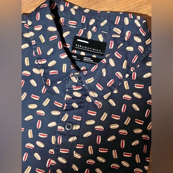 🛍️PUBLIC OPINION Men’s Navy blue hotdog print button down size L. - Picture 1 of 11